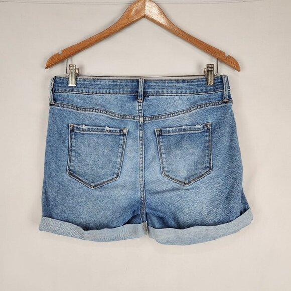 Old Navy Denim Cuffed Shorts Women's 8 Mid Rise Blue Button Fly Distressed - Picture 2 of 7